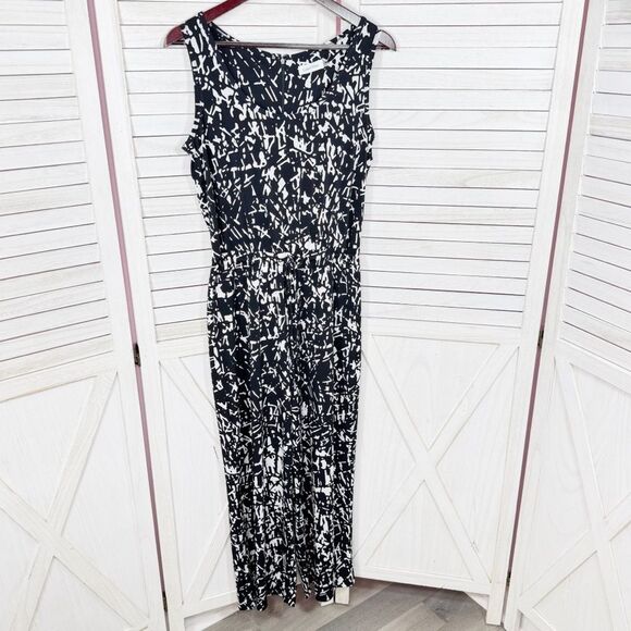 Calvin Klein Abstract Print Elastic Waist Wide Leg Sleeveless Jumpsuit Black 8 - Picture 8 of 13